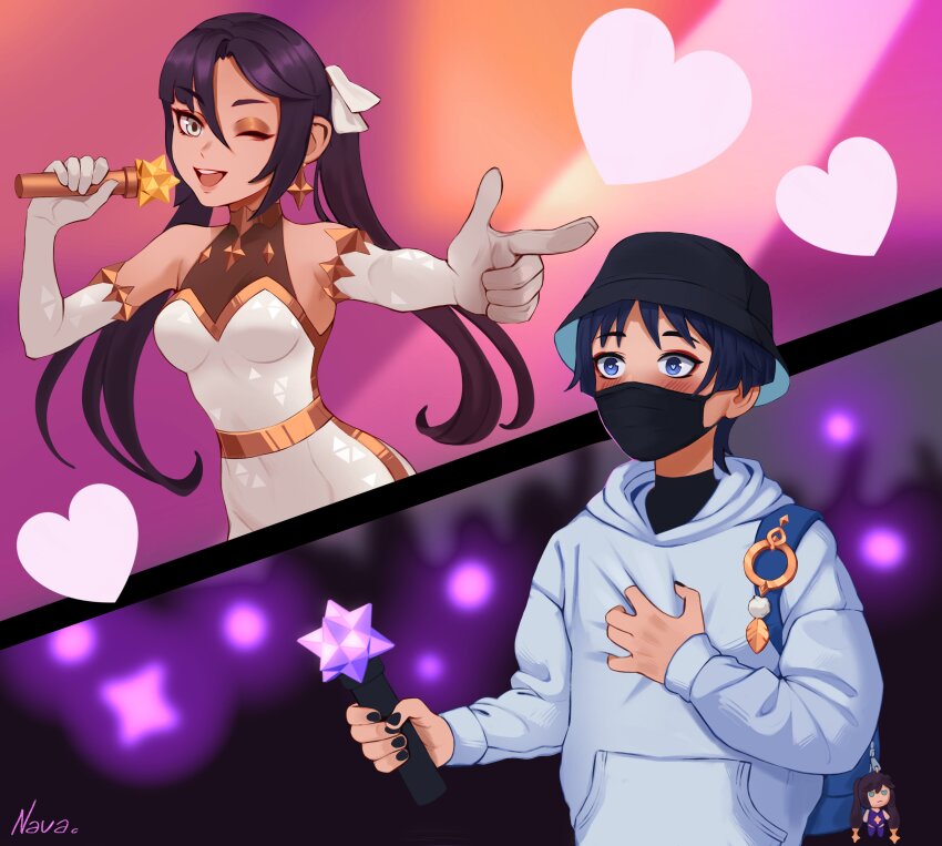 1boy 1girl absurdres alternate_costume aqua_eyes armpit_crease artist_name backpack bag bare_shoulders black_hair black_mask black_nails black_shirt black_undershirt blue_bag blue_eyes blue_hoodie blue_sleeves blunt_bangs blunt_ends blush bodystocking bodysuit bright_pupils brown_eyeshadow character_doll clutching_chest contemporary elbow_gloves feathers genshin_impact gloves gold hair_between_eyes hand_on_own_chest hand_up heart hetero highres holding holding_microphone hood hood_down hoodie idol long_hair long_sleeves mask microphone mona_(genshin_impact) mouth_mask navadraw one_eye_closed open_mouth outstretched_arm parted_bangs pointing pointing_at_another pom_pom_(clothes) scaramouche_(genshin_impact) shirt split_screen teeth turtleneck turtleneck_shirt twintails upper_teeth_only white_bodysuit white_gloves white_pupils wide-eyed yellow_feathers