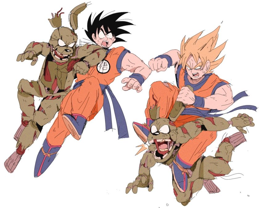 2boys animal_ears bendedede black_hair blonde_hair crossover dougi dragon_ball dragonball_z five_nights_at_freddy&#039;s in_the_face kicking multiple_boys rabbit_ears short_hair son_goku spiked_hair springtrap super_saiyan super_saiyan_1