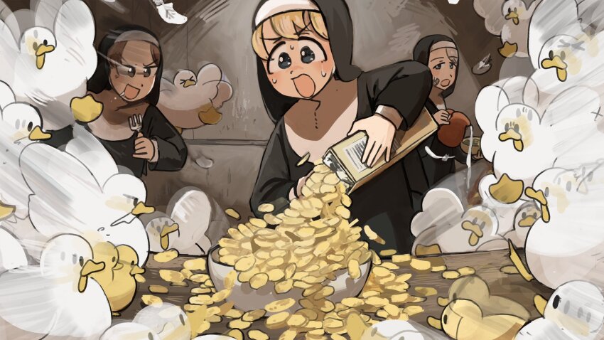 3girls :d afterimage bandaid bandaid_on_face bird blonde_hair blue_eyes bowl brown_eyes brown_hair chicken clumsy_nun_(diva) commentary corn_flakes diva_(hyxpk) drooling duck duckling english_commentary fork grey_hair highres holding holding_fork hungry_nun_(diva) leaf_nun_(diva) little_nuns_(diva) milk multiple_girls nun open_mouth smile spilling too_much_food traditional_nun wing_flapping