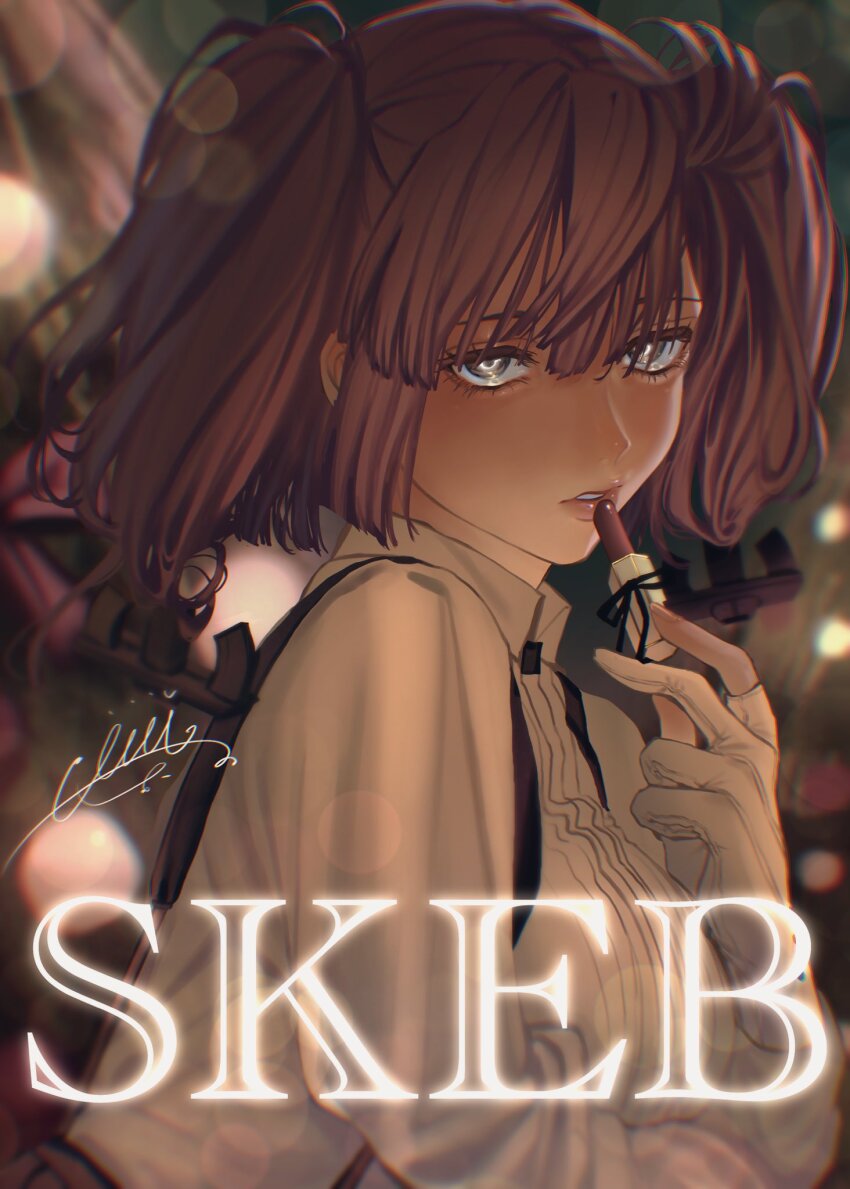 1girl atlanta_(kancolle) breasts brown_hair commission cosmetics gloves grey_eyes highres holding holding_lipstick_tube kantai_collection lipstick_tube looking_at_viewer makeup oucha_(aupt31) shirt skeb_commission solo two_side_up upper_body white_gloves white_shirt