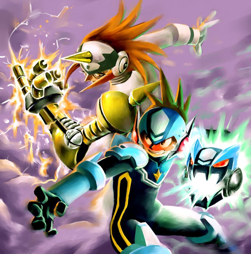 2boys arm_cannon armor assault_visor back-to-back battle black_bodysuit blue_armor blue_helmet bodysuit brown_hair cowboy_shot dust electricity gemini_spark_(mega_man) helmet highres horns itagaki_masaya long_hair medium_hair mega_man_(series) mega_man_star_force_(series) multiple_boys red-tinted_eyewear single_horn spiked_hair star_force_mega_man tinted_eyewear weapon white_armor