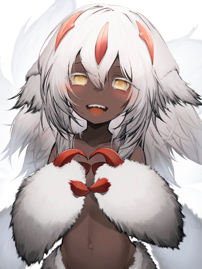 1girl absurdres blush claws dark-skinned_female dark_skin faputa flat_chest fur hair_between_eyes highres long_hair made_in_abyss monster_girl multiple_tails navel open_mouth sharp_teeth simple_background solo tab_head tail teeth topless_female white_background white_hair yellow_eyes