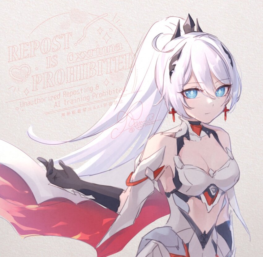1girl bare_shoulders blue_eyes breasts bright_pupils cape cleavage closed_mouth commentary cross cross_earrings cutout_above_navel diamond-shaped_pupils diamond_(shape) dress earrings hair_between_eyes hashtag-only_commentary high_ponytail honkai_(series) honkai_impact_3rd jewelry kiana_kaslana kiana_kaslana_(herrscher_of_flamescion) long_hair looking_at_viewer ponytail rinna_(xxrinna) solo symbol-shaped_pupils very_long_hair watermark white_dress white_hair white_pupils