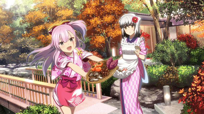 2girls :d apron autumn_leaves blue_eyes bow bridge chestnut day floral_print flower food fruit game_cg hair_bow hair_flower hair_ornament headscarf holding holding_tray japanese_clothes kimono leaf long_hair looking_at_viewer maid_apron medium_hair multiple_girls mushroom non-web_source official_art open_mouth orange_eyes outdoors parted_lips persimmon pink_hair pink_kimono print_kimono satsuki_yomi shiitake short_kimono short_sleeves short_yukata smile standing sweet_potato toji_no_miko toji_no_miko:_kizamishi_issen_no_tomoshibi tray tree tsubakuro_yume white_apron wooden_tray yukata