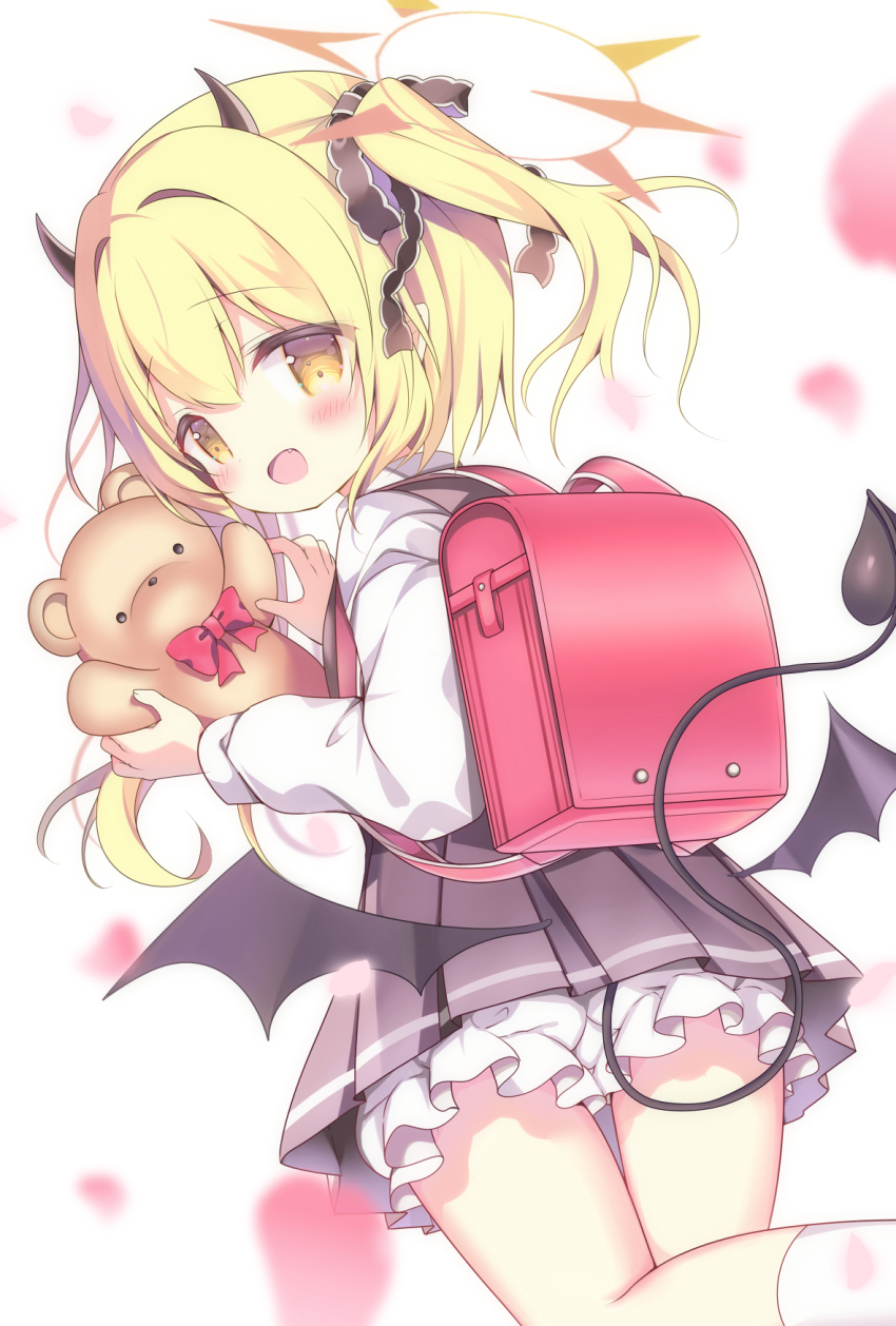 1girl :d azumi_kazuki backpack bag black_bow black_wings blonde_hair bloomers blue_archive blush bow commentary_request demon_girl demon_horns demon_tail demon_wings feet_out_of_frame grey_skirt hair_between_eyes hair_bow highres holding holding_stuffed_toy horns ibuki_(blue_archive) long_sleeves looking_at_viewer looking_back low_wings open_mouth orange_eyes petals pleated_skirt pointy_ears puffy_long_sleeves puffy_sleeves randoseru red_bow shirt simple_background skirt smile socks solo stuffed_animal stuffed_toy tail teddy_bear twintails underwear white_background white_bloomers white_shirt white_socks wings