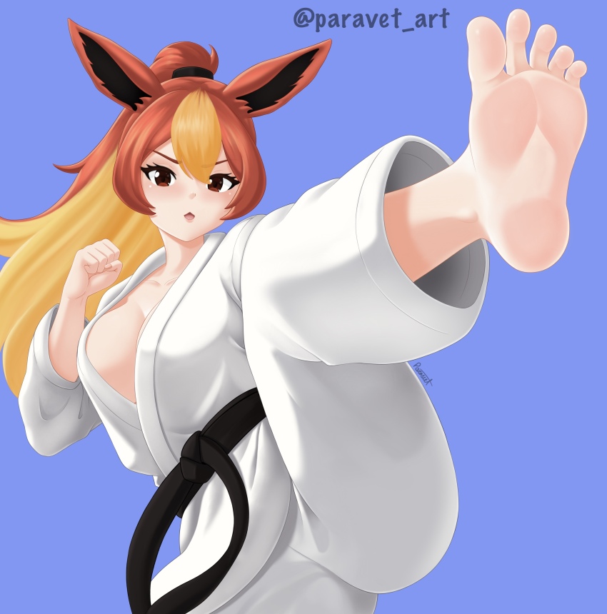 1girl absurdres animal_ears artist_name barefoot belt black_belt blonde_hair blue_background breasts cleavage clenched_hand dougi feet female_focus flareon gen_1_pokemon high_ponytail highres karate_gi large_breasts leg_up long_hair long_sleeves looking_at_viewer multicolored_hair nintendo paravet parted_lips personification pokemon pokemon_(creature) ponytail red_eyes red_hair signature simple_background soles solo toes twitter_username