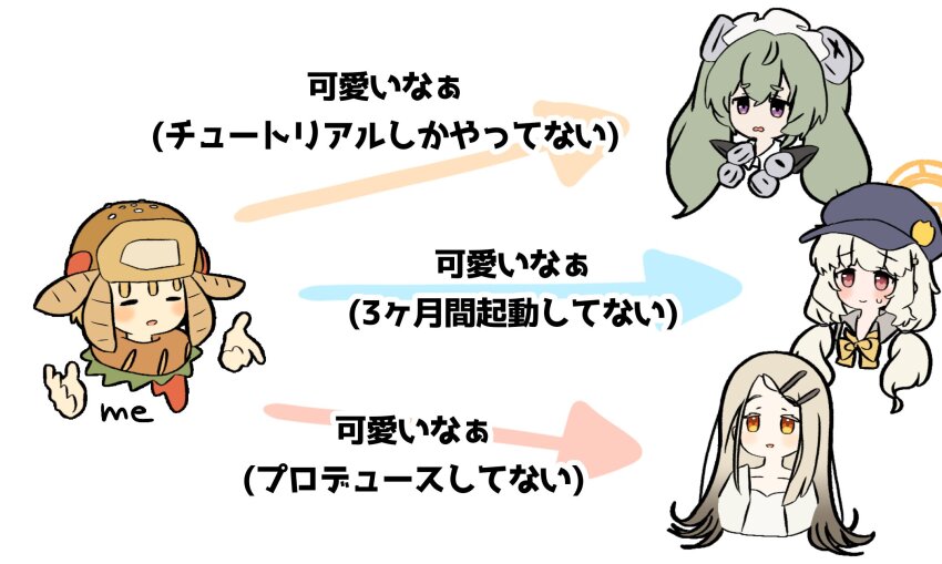 1boy 3girls aoba_(blue_archive) arrow_(symbol) artist_self-insert black_hat blonde_hair blue_archive blush bow bowtie brown_hair brown_hat cabbie_hat chibi closed_mouth corin_wickes cropped_shoulders crossover fish_hat flipped_hair gakuen_idolmaster gradient_hair green_hair halo hat highres idolmaster index_finger_raised kotenpanner_koten long_hair low_twintails multicolored_hair multiple_crossover multiple_girls open_mouth orange_eyes purple_eyes red_eyes screw_hair_ornament shinosawa_hiro simple_background small_sweatdrop smile translated twintails white_background yellow_bow yellow_bowtie zenless_zone_zero
