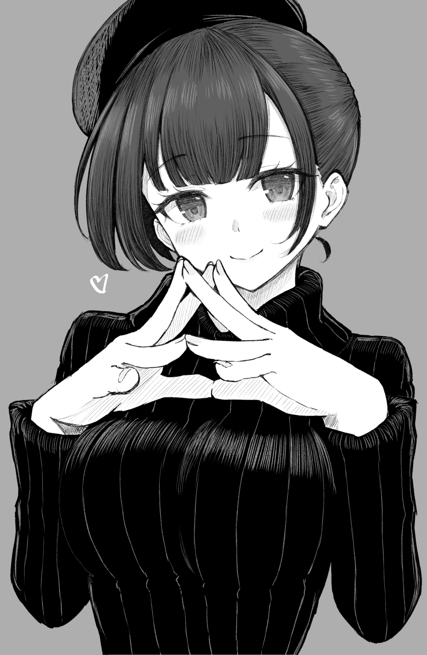 1girl absurdres beret blush breasts closed_mouth commentary_request grey_background greyscale hands_up hat heart highres large_breasts long_sleeves looking_at_viewer monochrome original ribbed_sweater short_hair simple_background smile solo steepled_fingers sweater temari_rin turtleneck turtleneck_sweater upper_body
