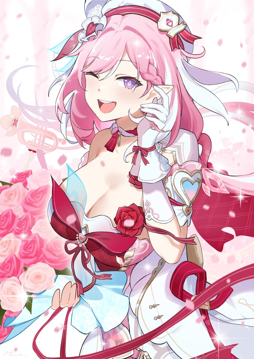 1girl absurdres braid braided_bangs breasts cleavage commentary cowboy_shot diamond-shaped_pupils diamond_(shape) dress elysia_(hi_love_elf)_(honkai_impact) elysia_(honkai_impact) english_commentary gloves hair_ornament hand_up hat heart heart_hair_ornament highres honkai_(series) honkai_impact_3rd large_breasts long_hair looking_at_viewer multicolored_hair mush_(mushlicious) one_eye_closed open_mouth pink_hair pointy_ears purple_eyes single_bare_shoulder smile solo streaked_hair symbol-shaped_pupils white_dress white_gloves white_hat