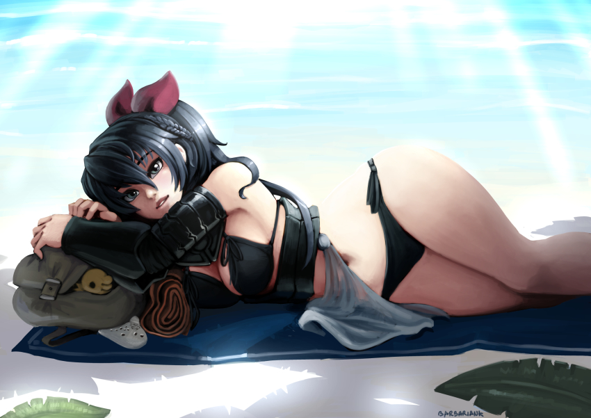 1girl ar_tonelico ar_tonelico_i barbariank beach beach_towel bikini black_bikini black_hair blue_eyes detached_sleeves hair_ribbon highres instrument lips long_hair looking_at_viewer lying misha_arsellec_lune navel ocarina on_side ribbon sarong side-tie_bikini_bottom solo swimsuit towel