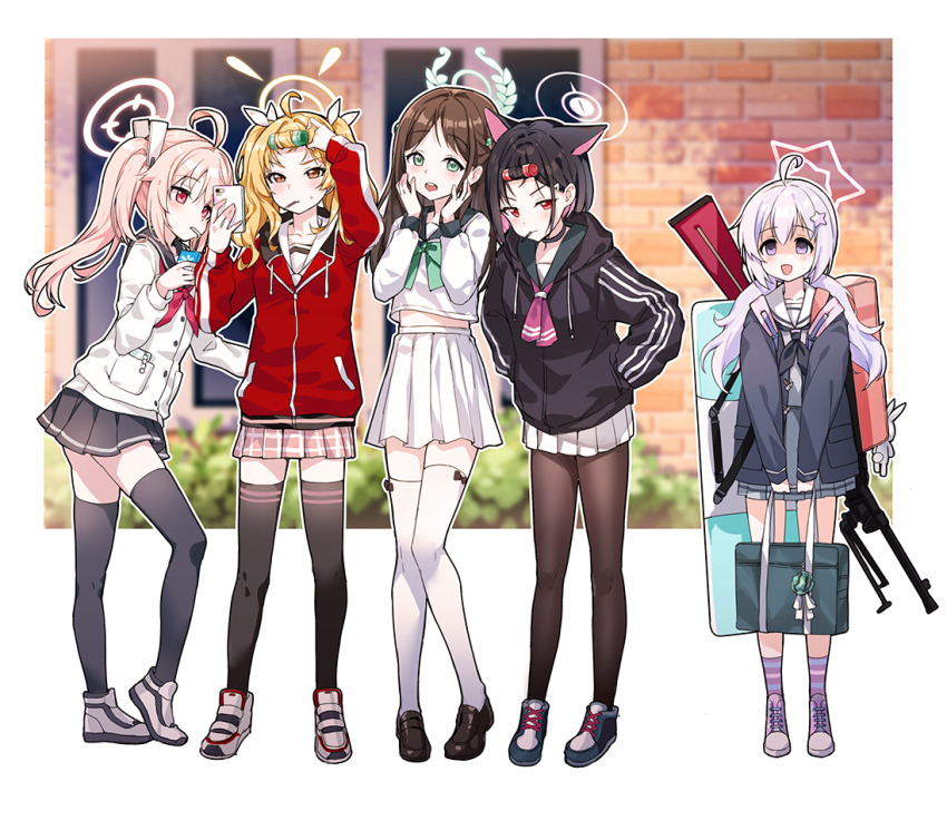 5girls :d adjusting_hair after-school_sweets_club_(blue_archive) ahoge airi_(blue_archive) animal_ears bag beads black_choker black_coat black_hair black_jacket black_pantyhose black_skirt black_thighhighs blonde_hair blue_archive blue_hair blurry bren_lmg brown_hair bullying cat_ears cat_girl cellphone choker coat colored_inner_hair depth_of_field empty_eyes extra_ears food-themed_hair_ornament forehead green_eyes grey_skirt gun hair_beads hair_between_eyes hair_ornament hair_rollers hair_scrunchie halo holding holding_bag holding_carton holding_milk_carton holding_phone hood hooded_jacket ice_cream_hair_ornament jacket kazusa_(blue_archive) leaning_forward light_blue_hair light_machine_gun long_hair long_sleeves looking_at_another machine_gun milk_carton miniskirt mouth_hold multicolored_hair multiple_girls natsu_(blue_archive) open_clothes open_coat open_mouth orange_eyes outdoors pantyhose pendant_choker phone picter pink_hair pink_skirt plaid_clothes plaid_skirt pleated_skirt purple_eyes purple_hair red_eyes red_jacket reisa_(blue_archive) rifle riot_shield school_bag school_uniform scrunchie serafuku shaded_face shield short_hair shoulder_bag side_ponytail sidelocks skirt smartphone smile star_(symbol) star_hair_ornament streaked_hair sweater_jacket taking_picture thighhighs twintails two-tone_hair two_side_up weapon weapon_on_back white_serafuku white_skirt white_thighhighs yoshimi_(blue_archive) zettai_ryouiki