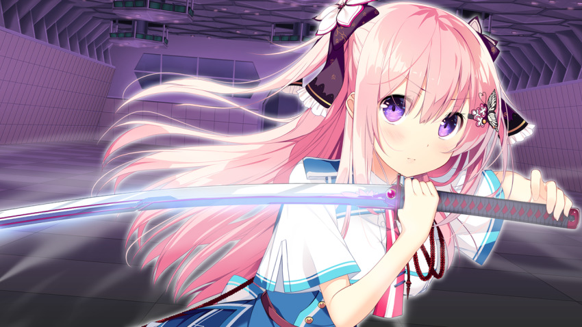 1girl aihara_shion blush breasts butterfly_hair_ornament closed_mouth female_focus floating_hair game_cg hair_between_eyes hair_ornament hand_on_hilt hands_up hilt holding holding_sword holding_weapon indoors kizuna_kirameku_koi_iroha light_blush long_hair looking_at_viewer medium_breasts neckwear_request nironiro nose_blush original pero pink_hair purple_eyes school_uniform serious simple_background solo sword upper_body weapon