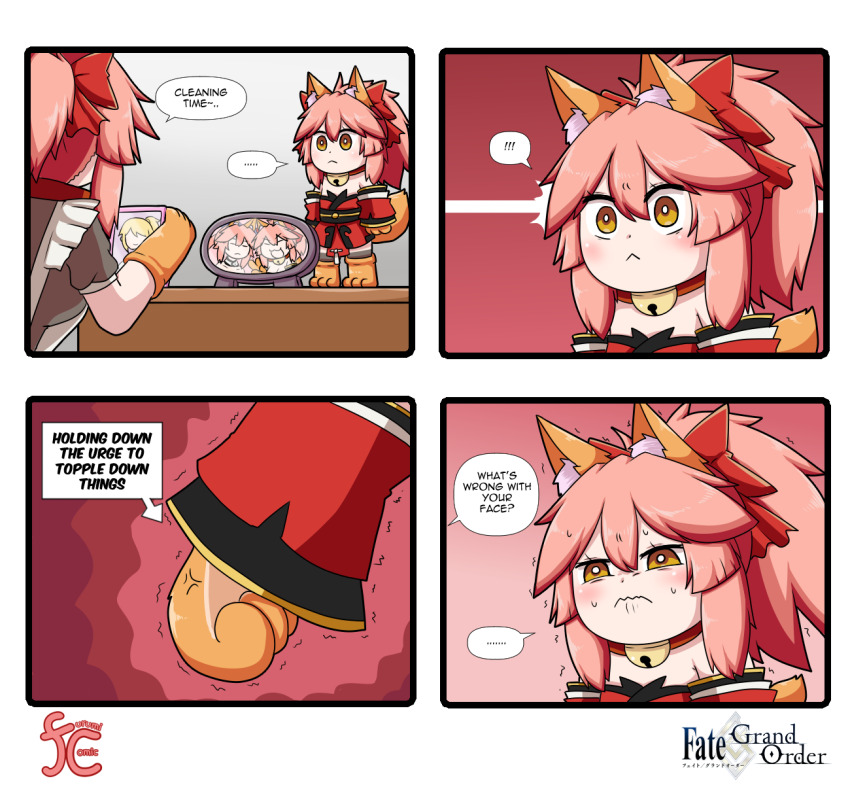 4girls 4koma alternate_costume anger_vein animal_ear_fluff animal_ears animal_hands apron bare_shoulders bell blonde_hair blush_stickers cat_paws collar comic detached_sleeves english_text enmaided fate/grand_order fate_(series) fox_ears fox_girl fox_tail gloves highres japanese_clothes jingle_bell keita_naruzawa kimono maid maid_apron maid_headdress mini_person minigirl multiple_girls neck_bell paw_gloves paw_shoes photo_(object) pink_hair ponytail red_kimono red_ribbon ribbon speech_bubble square_4koma sweat tail tamamo_(fate) tamamo_cat_(fate) tamamo_cat_(first_ascension)_(fate) tamamo_cat_(second_ascension)_(fate)