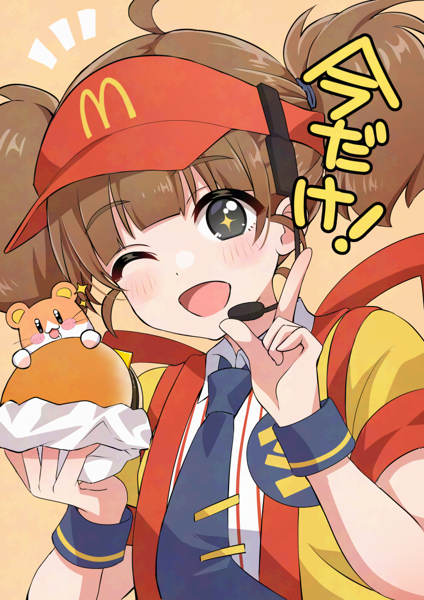 1girl ;d absurdres animal animal_on_shoulder back_bow badge black_eyes blue_necktie blush_stickers bow brown_hair button_badge commentary dress_shirt employee_uniform fast_food_uniform food hamster hat headset highres holding holding_food imadake_dabuchi_tabemi imadake_dabuchi_tabesuke index_finger_raised looking_at_viewer mcdonald&#039;s necktie notice_lines one_eye_closed open_mouth orange_background red_hat shirt short_hair smile solo sparkle sparkling_eyes striped_clothes striped_shirt sumeragi_psycho tasuki tie_clip translated twintails upper_body vertical-striped_clothes vertical-striped_shirt visor_cap white_shirt wing_collar wristband yellow_happi