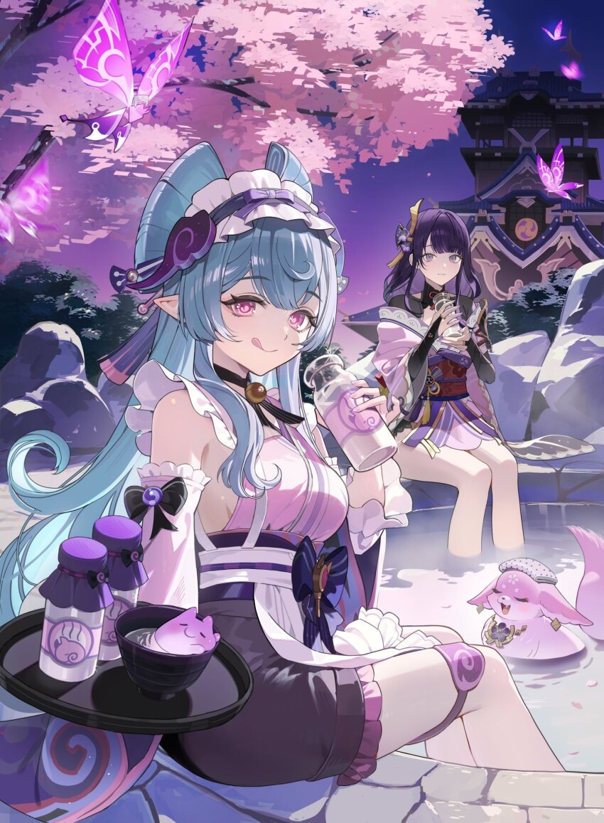 2girls alternate_form architecture bell black_choker blue_hair bridal_gauntlets bug bush butterfly cherry_blossoms choker closed_eyes dango_milk_(genshin_impact) detached_sleeves east_asian_architecture floppy_ears flower fox frilled_hairband frilled_sleeves frills genshin_impact hairband highres holding holding_tray insect japanese_clothes kimono kushami_deso licking_lips looking_at_viewer multiple_girls neck_bell nihongami obi_bow obiage obijime onsen outdoors pink_eyes pink_fur pink_kimono pointy_ears purple_butterfly purple_eyes purple_flower purple_hair purple_kimono purple_sky purple_theme raiden_shogun rock sash sitting sky sleeve_bow sleeveless sleeveless_kimono tongue tongue_out towel towel_on_head tray tree wading white_sash yae_miko yae_miko_(fox) yumemizuki_mizuki