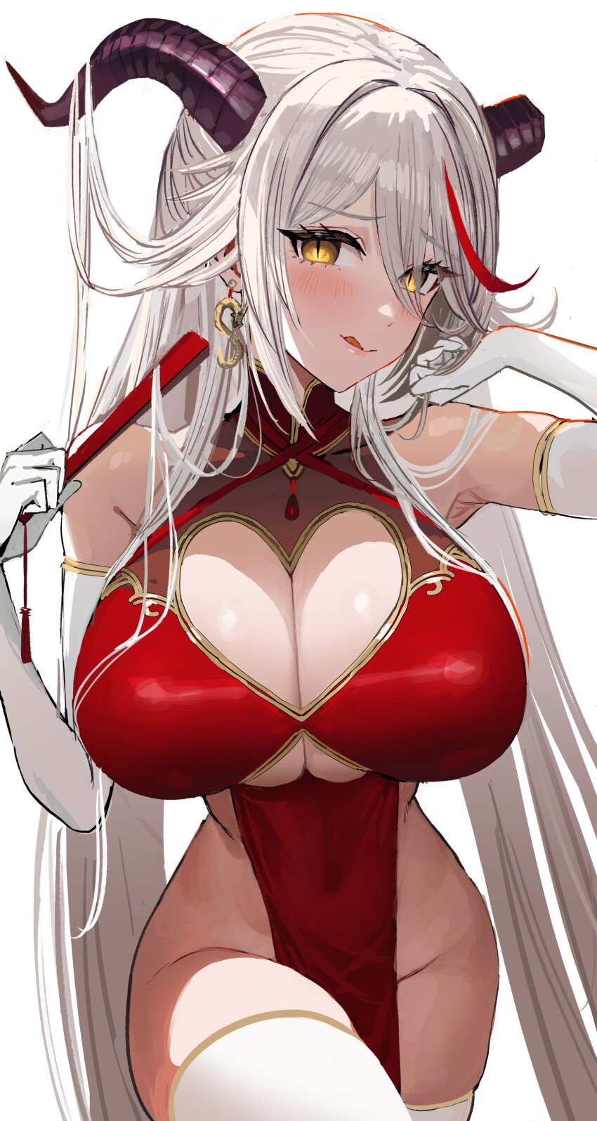 1girl absurdres aegir_(azur_lane) armpits arms_up azur_lane blush breasts china_dress chinese_clothes cleavage cleavage_cutout clothing_cutout demon_horns dress folding_fan hand_fan highres holding holding_own_hair horns huge_breasts jewelry kaki_z3 kisaragi_1go leg_up long_hair looking_at_viewer looking_to_the_side no_panties red_dress red_hair solo thighhighs white_background white_hair white_thighhighs yellow_eyes