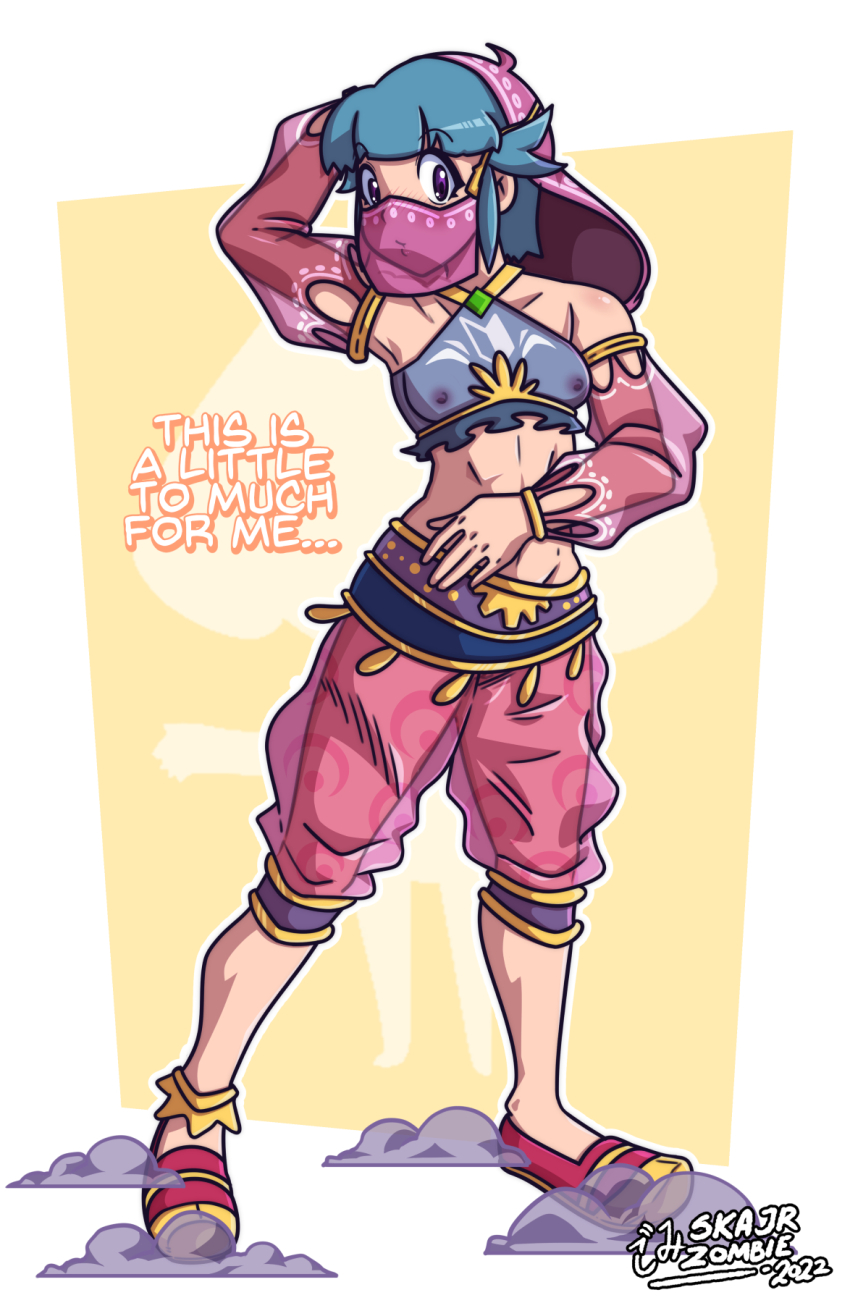 1girl blue_hair breasts crop_top gerudo_set_(zelda) harem_outfit highres keroro_gunsou midriff navel nintendo nipples nishizawa_momoka purple_eyes see-through_clothes see-through_legwear see-through_shirt shirt skajrzombie small_breasts the_legend_of_zelda the_legend_of_zelda:_breath_of_the_wild veil