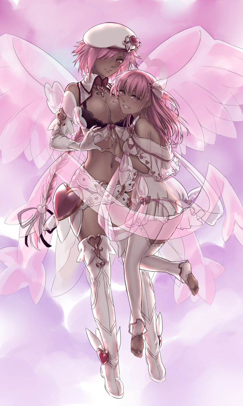 2girls absurdres bare_shoulders belt beret black_ribbon boots braid breasts butt_crack cleavage commentary cupid_(monster_girl_encyclopedia) dark-skinned_female dark_skin elbow_gloves english_commentary full_body gloves hair_over_one_eye hair_ribbon halo hat heart heart-shaped_pupils heart_hands heart_hands_duo heart_pattern heart_print highres houri_(monster_girl_encyclopedia) large_breasts lingerie long_braid long_hair looking_at_viewer medium_breasts monster_girl_encyclopedia monster_girl_encyclopedia_ii multiple_girls navel negligee panties parted_lips pink_eyes pink_hair ribbon see-through_clothes smile stomach symbol-shaped_pupils thigh_boots thighhighs toeless_legwear two_side_up underwear very_long_hair white_footwear white_gloves white_legwear zakirsiz