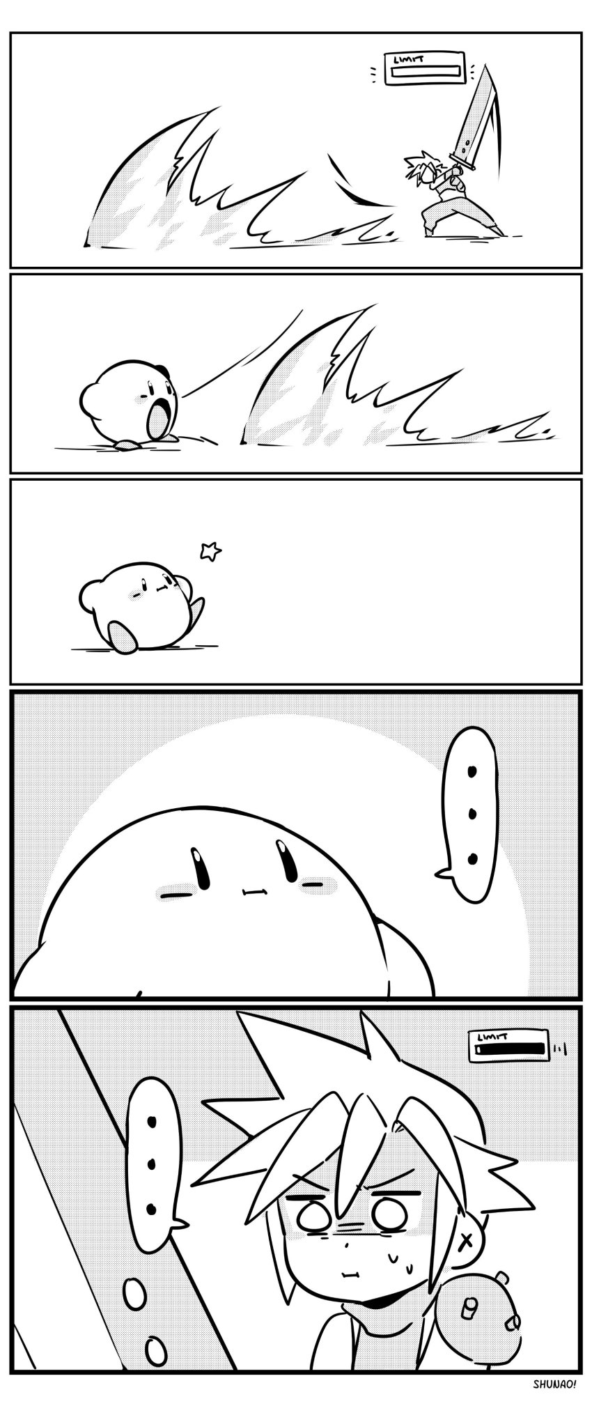 ... 1boy 1other 4koma absorbing absurdres armor beam blush buster_sword cloud_strife comic copy_ability crossover eating final_fantasy final_fantasy_vii greyscale hal_laboratory highres kirby kirby_(series) looking_at_another lyn_(shunao) monochrome nintendo open_mouth short_hair simple_background spiked_hair square_enix super_smash_bros. surprised sweat sword weapon white_background