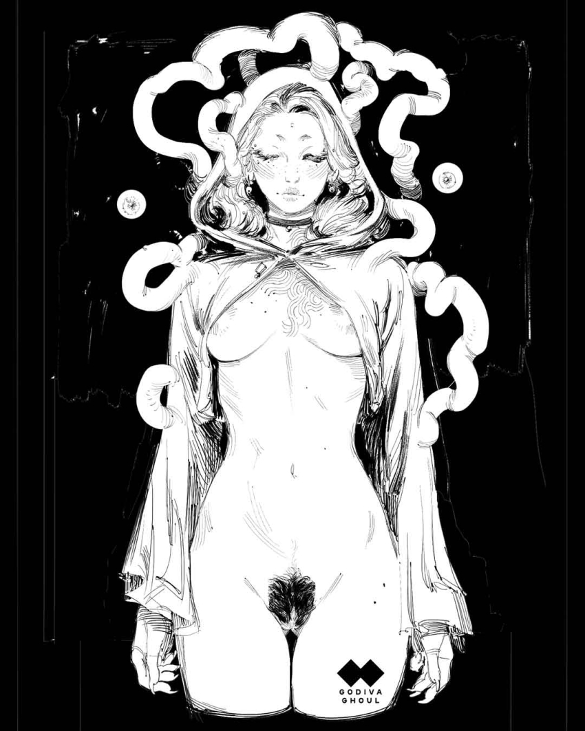 1girl areola_slip arms_at_sides artist_logo artist_name black_background blush bottomless breasts breasts_apart chest_tattoo choker cloak closed_eyes closed_mouth cropped_legs disembodied_eye earrings facing_viewer female_pubic_hair fingernails forehead forehead_jewel gluteal_fold godiva_ghoul greyscale groin hatching_(texture) highres hood hood_up jewelry lips logo long_sleeves medium_breasts medium_hair mismatched_pubic_hair mole monochrome multiple_moles navel nose original pubic_hair pussy sharp_fingernails short_eyebrows simple_background solo standing straight-on tattoo tendril thigh_gap uncensored