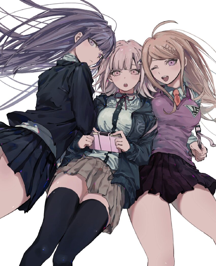 3girls ahoge akamatsu_kaede black_gloves blonde_hair braid breasts brown_hair brown_skirt collared_shirt danganronpa:_trigger_happy_havoc danganronpa_(series) danganronpa_2:_goodbye_despair danganronpa_v3:_killing_harmony flipped_hair fortissimo gloves hair_between_eyes hair_ornament highres jacket kirigiri_kyoko large_breasts long_hair long_sleeves looking_at_viewer medium_hair multiple_girls musical_note musical_note_hair_ornament nanami_chiaki neck_ribbon necktie open_clothes open_jacket open_mouth pink_eyes pink_ribbon pleated_skirt ribbon school_uniform shirt skirt smile spaceship_hair_ornament sweater_vest thighhighs umesigeissei vest white_background white_shirt