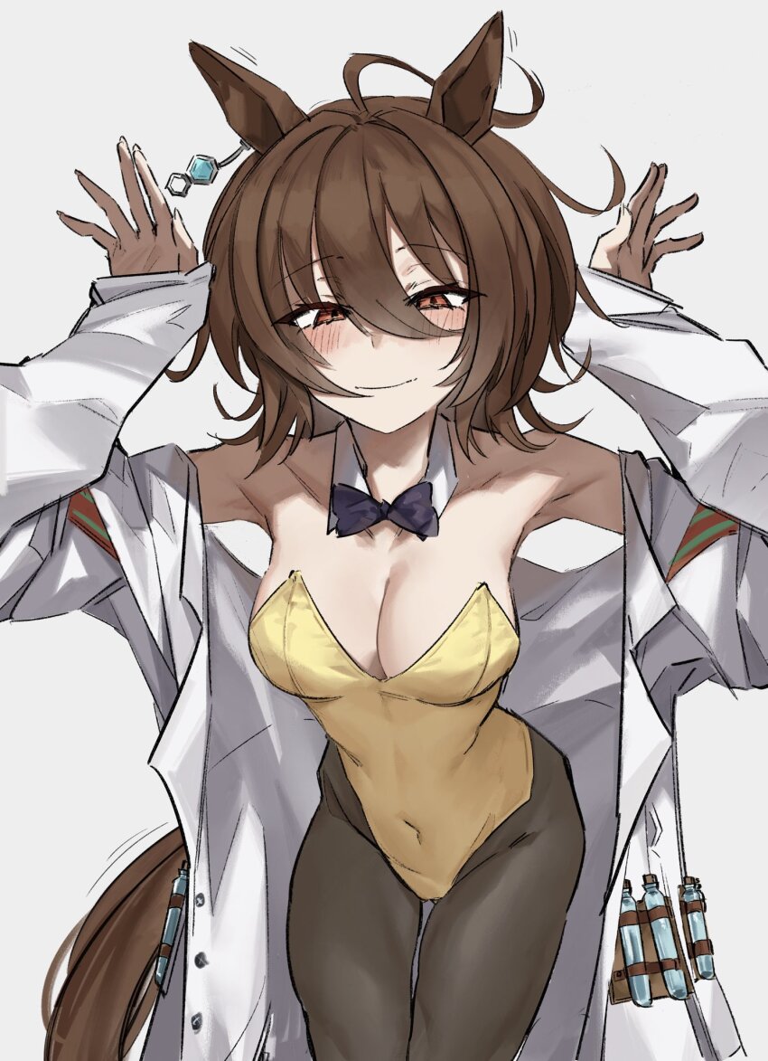 1girl agnes_tachyon_(umamusume) ahoge animal_ears bare_shoulders black_bow black_bowtie black_pantyhose blush bow bowtie breasts brown_eyes brown_hair cleavage commentary cowboy_shot detached_collar english_commentary grey_background hair_between_eyes hands_up highleg highleg_leotard highres horse_ears horse_girl horse_tail lab_coat leotard long_sleeves looking_at_viewer medium_breasts off_shoulder open_clothes pantyhose short_hair simple_background sleeves_past_wrists smile solo strapless strapless_leotard tail test_tube umamusume xcider yellow_leotard