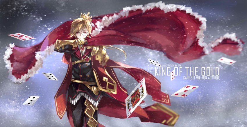 1boy absurdres armor artist_name black_gloves black_jacket black_pants bolo_tie buttons cape card commentary copyright_name covering_own_mouth cowboy_shot crown double-breasted english_commentary english_text erm_(doubledream) floating_cape floating_card fugou_arthur fur-trimmed_cape fur_trim gloves gold_trim heart highres holding holding_unworn_cape holding_unworn_clothes jacket kai-ri-sei_million_arthur king_(playing_card) king_of_diamonds long_hair looking_at_viewer low_ponytail male_focus million_arthur_(series) monocle pants playing_card ponytail red_cape shirt shoulder_armor snowing solo striped_clothes striped_shirt thigh_strap tilted_headwear untucked_shirt unworn_cape vambraces vertical-striped_clothes vertical-striped_shirt white_shirt wind