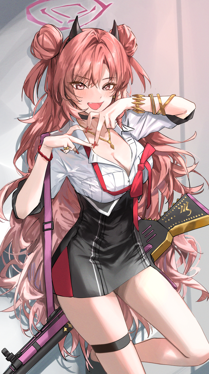 1girl :d absurdres assault_rifle black_skirt blue_archive blush bow bowtie bracelet breasts carbine demon_horns double_bun fake_horns fake_nails fang gold_bracelet gold_necklace gun gyaru h&amp;k_hk33 hair_bun halo hanasawa_(hanasawa062) heart heart_hands high-waist_skirt highres horns jewelry kirara_(blue_archive) large_breasts long_hair looking_at_viewer loose_bowtie miniskirt necklace open_mouth pink_eyes pink_hair pink_halo pink_nails red_bow red_bowtie rifle ring shirt short-barreled_rifle skirt smile solo strap thigh_strap thighs very_long_hair weapon white_shirt