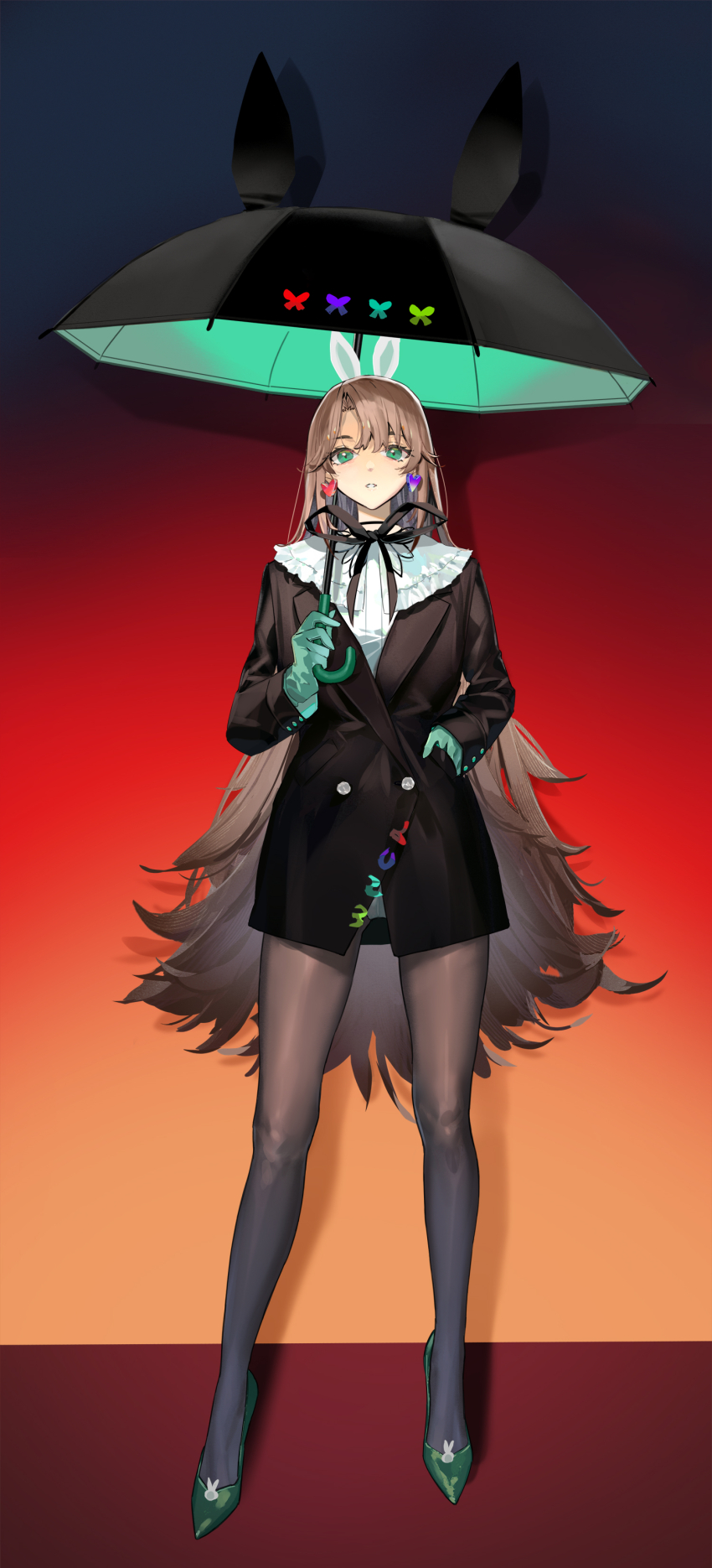 1girl absurdres animal_ears black_coat black_pantyhose black_ribbon brown_hair coat copyright_request earrings full_body gloves gradient_background green_eyes green_gloves hand_in_pocket highres jewelry leotard long_hair long_sleeves looking_at_viewer miyazakisoul neck_ribbon new_year orange_background pantyhose parted_lips playboy_bunny rabbit_ears ribbon simple_background solo standing umbrella very_long_hair