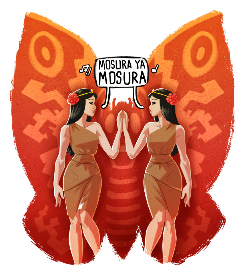 2girls black_eyes black_hair bug female_focus flower flower_on_head highres insect long_hair moth mothra mothra_(film) mothra_(series) multiple_girls music pyrasterran shobijin siblings singing sisters standing twins
