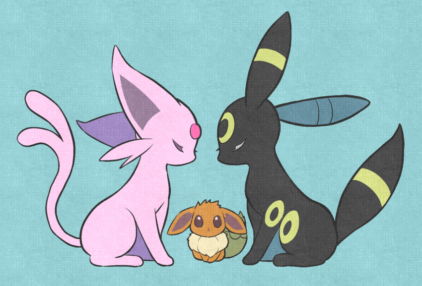 animal_focus brown_eyes closed_eyes commentary_request eevee espeon forehead_jewel forked_tail gen_1_pokemon gen_2_pokemon highres nintendo no_humans pokemon pokemon_(creature) simple_background sitting tail toneko umbreon