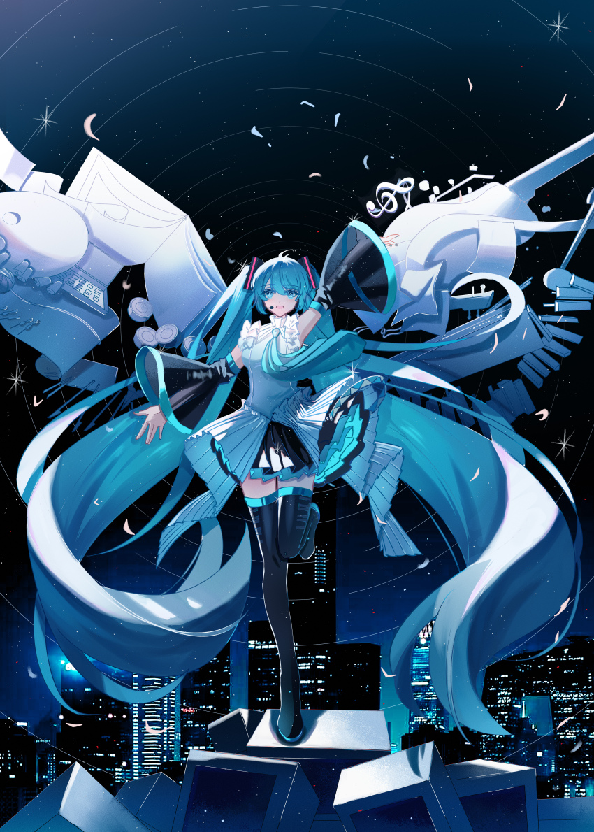 1girl absurdres aqua_nails aqua_necktie arm_up bg5120 blue_eyes blue_hair book boots chinese_commentary cityscape detached_sleeves floating_clothes floating_hair frilled_skirt frills full_body guitar hatsune_miku hatsune_miku_happy_16th_birthday_-dear_creators- highres instrument leg_up long_hair multiple_neckties musical_note nail_polish necktie night night_sky open_hand open_mouth paper petals piano_keys pile skirt sky sleeveless solo sparkle television thigh_boots thighhighs treble_clef twintails very_long_hair vocaloid wings wireless_microphone zettai_ryouiki