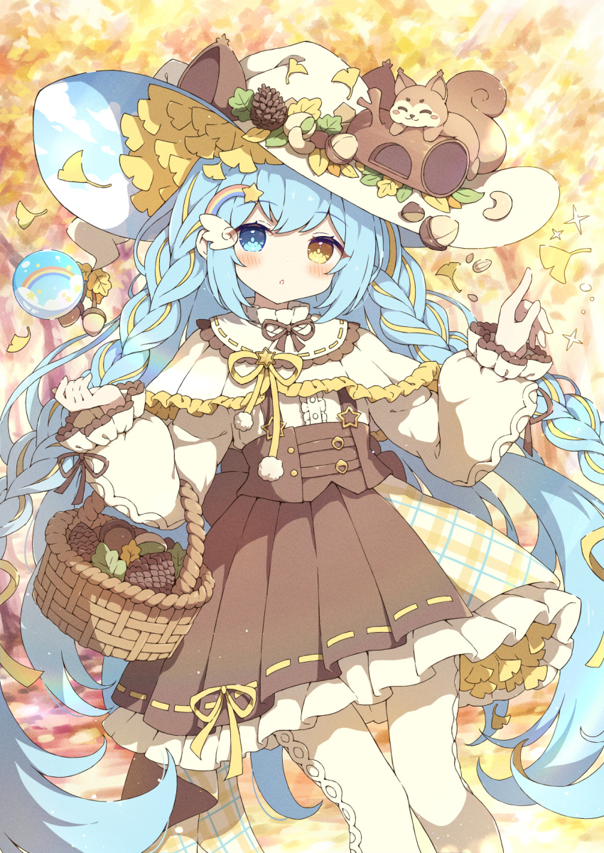 1girl :o animal animal_on_head basket blue_eyes blue_hair blurry blurry_background blush brown_skirt capelet commentary commission cowboy_shot elbow_carry english_commentary ginkgo_leaf hair_ornament hands_up hat heterochromia high-waist_skirt highres leaf light_blue_hair long_hair looking_at_viewer on_head original pinecone rainbow_hair_ornament shirt skeb_commission skirt solo squirrel tyomimas very_long_hair white_capelet white_hat white_shirt wing_hair_ornament yellow_eyes