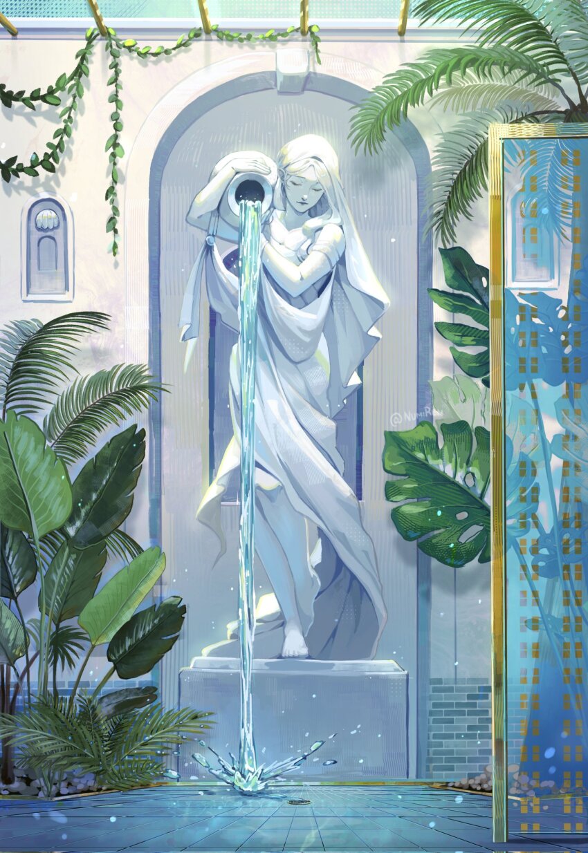 1girl arch armlet barefoot closed_eyes closed_mouth commentary drain_(object) fern flower_pot highres holding holding_flower_pot jewelry leaf long_hair numiren original plant pouring robe solo statue symbol-only_commentary tile_floor tiles veil water