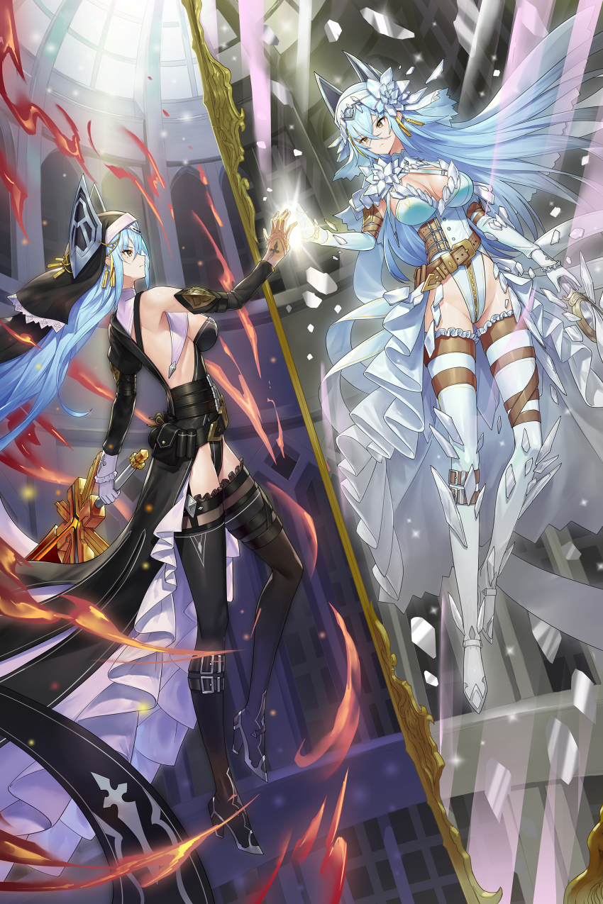 2girls absurdres asymmetrical_clothes asymmetrical_gloves belt blue_hair boots breasts commission detached_sleeves different_reflection earrings gloves hair_between_eyes high_heel_boots high_heels highres holding holding_sword holding_weapon jewelry large_breasts long_hair looking_at_mirror mirror multiple_girls mytea_(soso) original reflection showgirl_skirt single_detached_sleeve single_glove skeb_commission sword thigh_boots veil very_long_hair weapon yellow_eyes