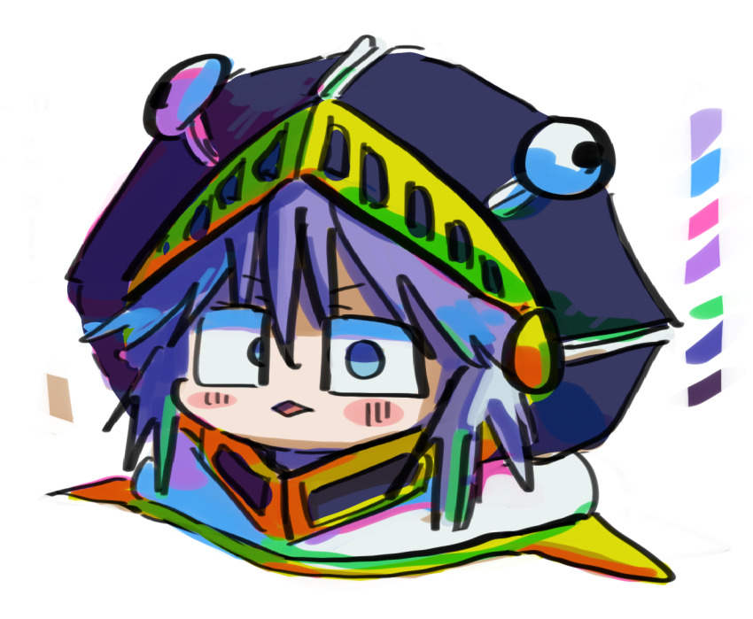 1other androgynous animal_helmet aodo_mikan blue_eyes blue_hair blue_helmet blush_stickers color_guide colorful commentary_request cropped_torso expressionless hair_between_eyes helm helmet len&#039;en looking_at_viewer medium_hair moritake_medias open_mouth other_focus scarf simple_background solo white_background white_scarf
