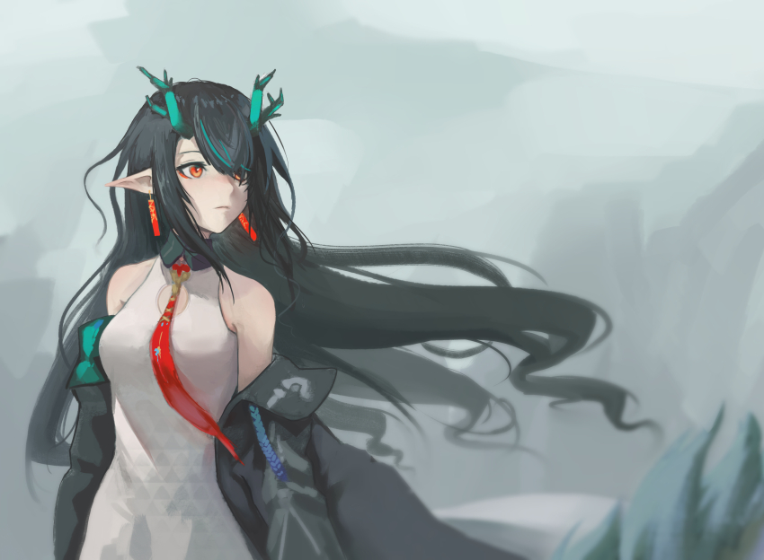 1girl aqua_hair arknights bare_shoulders black_hair black_jacket cleavage_cutout closed_mouth clothing_cutout contrast_collar cowboy_shot dann_c_mont dragon_girl dragon_horns dress dusk_(arknights) earrings hair_over_one_eye highres horns jacket jewelry long_hair multicolored_hair necktie off_shoulder orange_eyes pointy_ears red_necktie sleeveless sleeveless_dress solo standing streaked_hair turning_head uroko_(pattern) white_dress wind