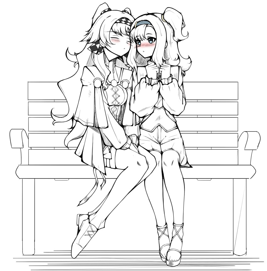 109kpm :o absurdres bench between_legs blue_eyes blush checkered_hairband clenched_hands closed_eyes dress hairband hand_between_legs hands_up heads_together highres lineart long_hair long_sleeves looking_at_another matilda_bouanich medium_hair on_bench one_side_up pants pants_under_dress park_bench partially_colored puffy_long_sleeves puffy_sleeves reverse:1999 sandals shoes short_dress shorts side-by-side sitting sonetto_(reverse:1999) two_side_up yuri