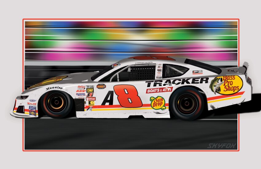 absurdres artist_name bass_pro_shops border car cars_tour chevrolet chevrolet_camaro commentary english_commentary from_side grey_border highres martinsville_speedway motion_blur motor_vehicle no_humans outside_border race_vehicle racecar shadow skyfox sponsor vehicle_focus white_car