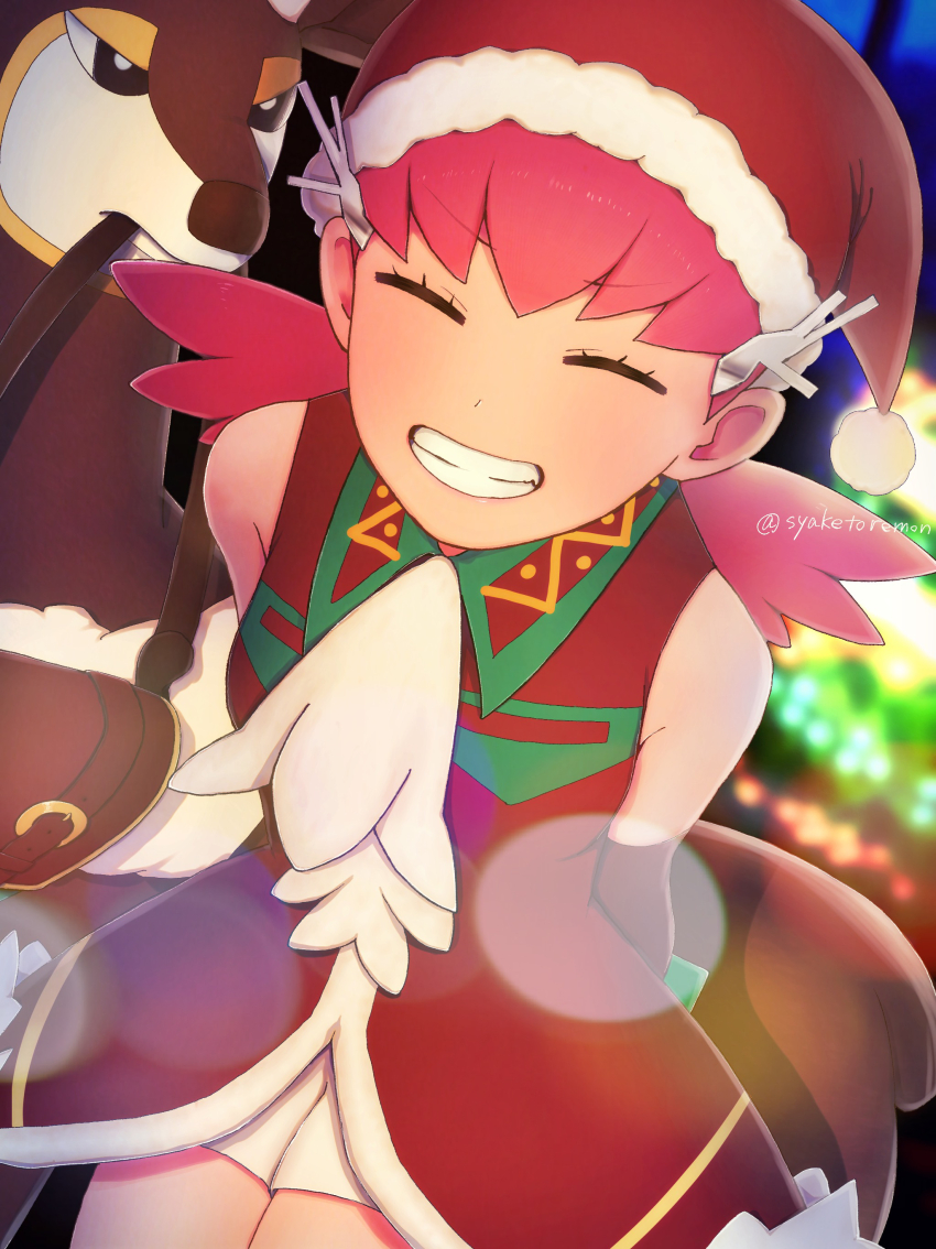 1girl absurdres arms_behind_back closed_eyes gen_5_pokemon hat highres kirinogi_(syaketoremon) mouth_hold nintendo official_alternate_costume pink_hair pokemon pokemon_(creature) pokemon_masters_ex santa_hat sawsbuck sawsbuck_(winter) shorts teeth white_shorts whitney_(holiday_2022)_(pokemon) whitney_(pokemon)