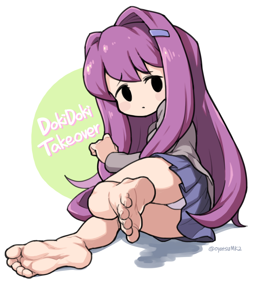 1girl absurdres artist_name bare_legs barefoot blue_skirt blush_stickers closed_mouth doki_doki_literature_club female_focus foot_focus friday_night_funkin&#039; from_behind hair_ornament hairclip highres long_hair looking_at_viewer looking_back lying on_side oyatsu_(mk2) panties pleated_skirt purple_hair school_uniform skirt soles solid_circle_eyes solo thighs toenails toes underwear very_long_hair white_panties yuri_(doki_doki_literature_club)
