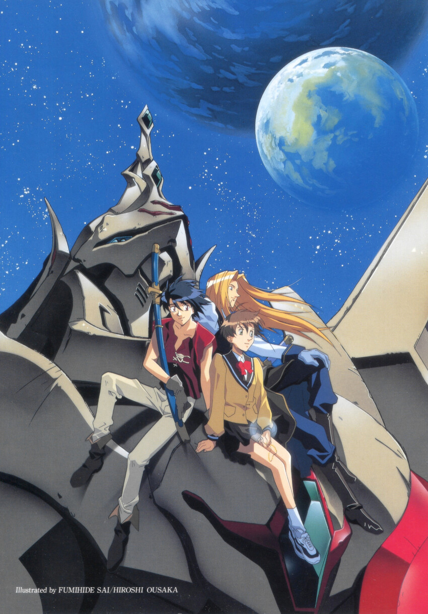 1990s_(style) 1girl 2boys absurdres allen_schezar arm_support artist_name black_footwear black_hair black_sailor_collar black_skirt blazer blonde_hair blue_eyes blue_pants blue_sky blurry bokeh boots bow bowtie breasts brown_hair closed_mouth depth_of_field dress_shirt earth_(planet) english_text escaflowne floating_hair full_body gloves glowing green_eyes grey_gloves grey_pants hand_rest highres holding holding_jewelry holding_necklace holding_sword holding_weapon jacket jewelry kanzaki_hitomi katana knee_boots light_smile long_hair looking_afar looking_ahead looking_at_another loose_socks mecha multiple_boys necklace night non-web_source official_art on_mecha ousaka_hiroshi pants planet pleated_skirt promotional_art red_bow red_bowtie red_shirt retro_artstyle robot romaji_text sai_fumihide sailor_collar scabbard scan school_uniform sheath sheathed shirt shoes sitting sitting_on_mecha skirt sky small_breasts smirk sneakers socks star_(sky) starry_sky sword tenkuu_no_escaflowne two-tone_footwear van_fanel very_long_hair weapon white_footwear white_shirt white_socks wind yellow_jacket