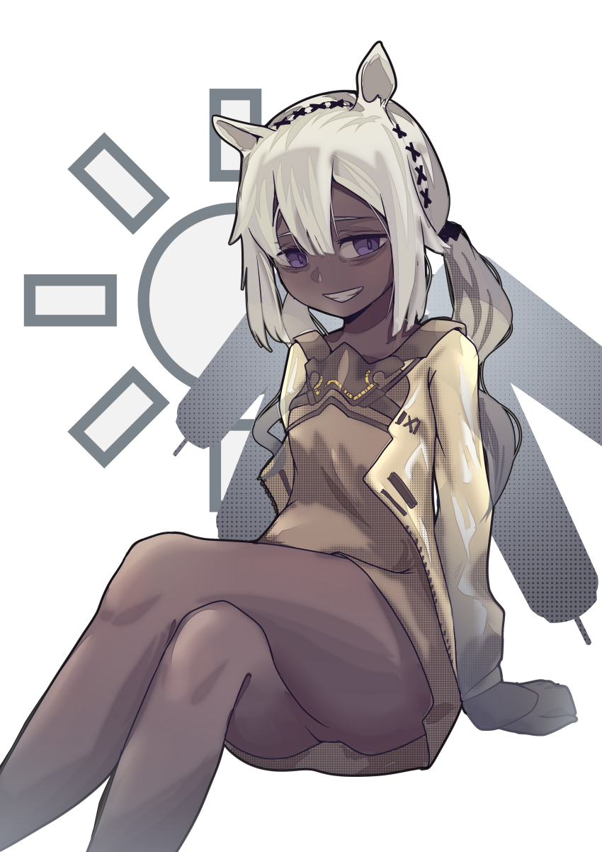 1girl absurdres animal_ears arknights arm_support ass bags_under_eyes brown_dress camel_ears caohu crossed_legs dark-skinned_female dark_skin dress grey_hair hair_between_eyes highres jacket long_hair long_sleeves looking_at_viewer open_clothes open_jacket ponytail purple_eyes solo tuye_(arknights) white_background yellow_jacket