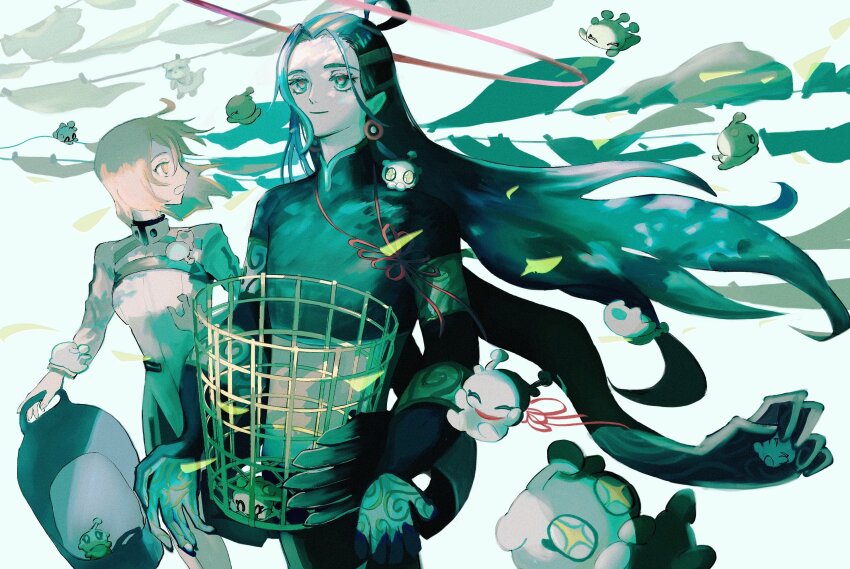 1boy 1girl aged_up ahoge basket black_hair chinese_clothes con_(fate) earrings fate/grand_order fate_(series) fujimaru_ritsuka_(female) green_eyes green_hair hair_between_eyes halo highres holding holding_basket jacket jewelry laundry laundry_basket long_hair long_sleeves open_mouth orange_eyes orange_hair orion_(bear)_(fate) short_hair smile snorc21 taisui_xingjun_(fate)