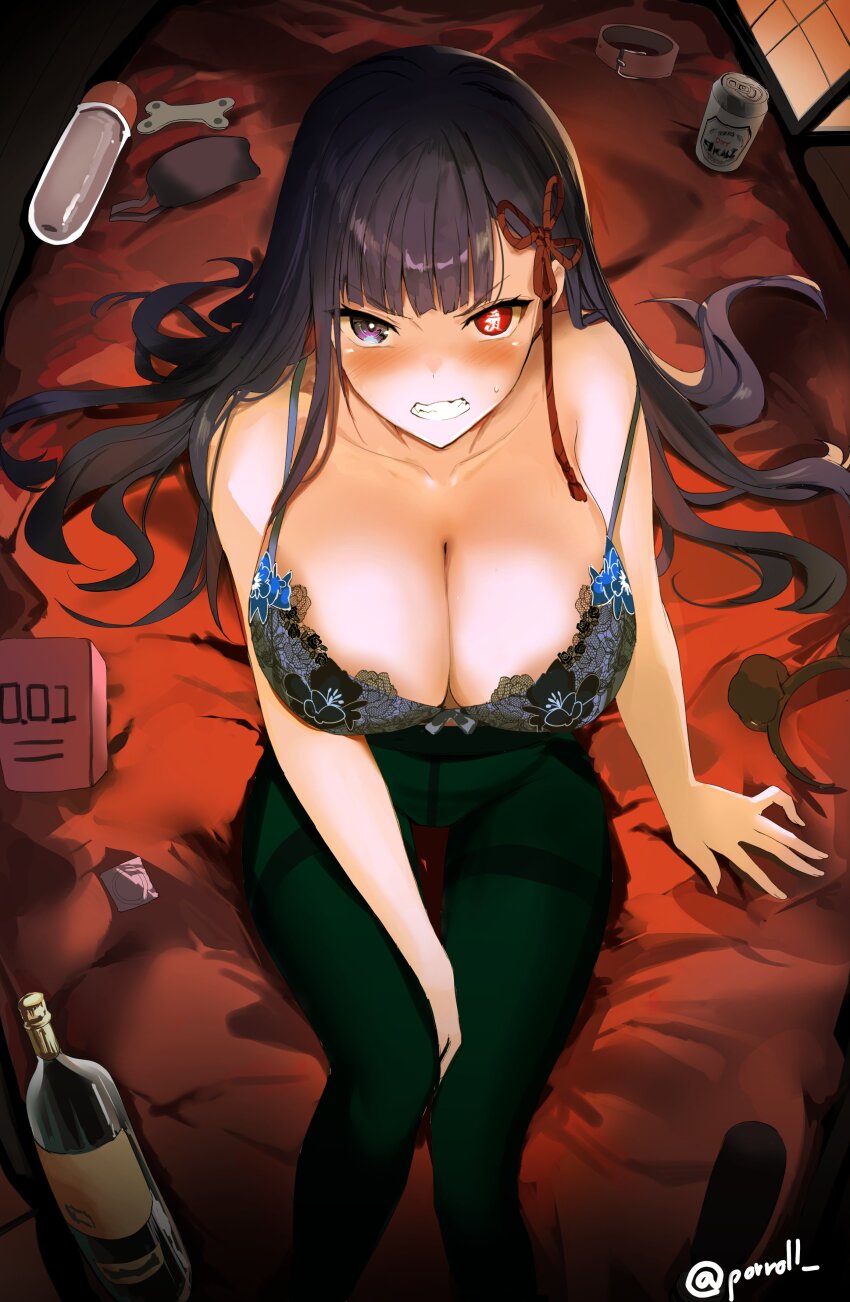 1girl absurdres angry animal_collar animal_ears bed black_hair black_pantyhose blush bottle bra breasts cleavage clenched_teeth collar collarbone condom condom_wrapper dog_ears fake_animal_ears highres large_breasts long_hair looking_at_viewer mato_seihei_no_slave pantyhose porroll purple_eyes red_eyes sitting symbol-shaped_pupils teeth thighband_pantyhose thighs underwear unworn_collar unworn_headwear yamashiro_ren