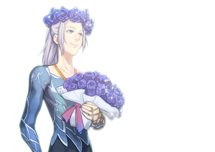 1boy aged_down blue_eyes blue_flower blue_rose bouquet flower head_wreath male_focus ponytail rose silver_hair smile sparkle t3_(19841230) viktor_nikiforov white_background yuri!!!_on_ice