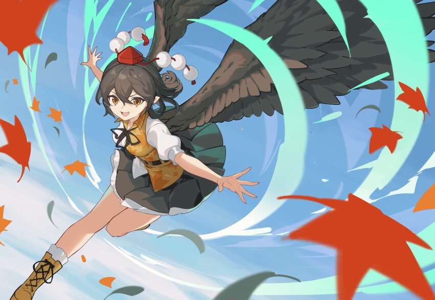 1girl absurdres bird_wings black_hair black_wings devilkillerx geta hat hauchiwa highres leaf_print open_mouth pom_pom_(clothes) red_eyes red_hat shameimaru_aya short_hair tengu tengu-geta tokin_hat touhou touhou_lost_branch_of_legend wings