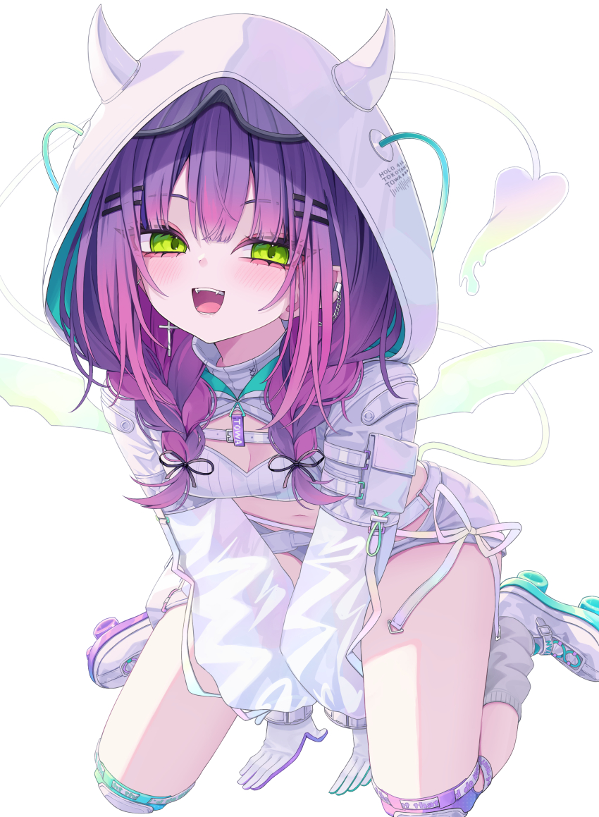 1girl 333shishishi333 :d absurdres braid chain chain_earrings chest_belt cross cross_earrings demon_girl demon_hood demon_wings earrings fangs full_body goggles goggles_on_head gradient_hair green_eyes grey_socks hair_ornament hair_over_shoulder hairclip highres hololive hood hood_up hooded_shrug jewelry knee_pads kneeling long_hair long_sleeves loose_socks low_twin_braids multicolored_hair official_alternate_costume open_mouth parallel_hairclips pink_hair pointy_ears pouch puffy_long_sleeves puffy_sleeves purple_hair roller_skates short_shorts shorts shrug_(clothing) simple_background skates ski_goggles smile socks solo thigh_pouch tokoyami_towa tokoyami_towa_(cyberpunk) turtleneck twin_braids twintails virtual_youtuber white_background white_shorts white_shrug white_wings wings