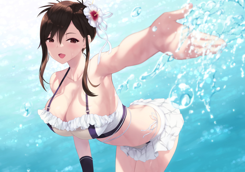 1girl arm_up ass bikini black_hair breasts brown_eyes butt_crack cait_aron cleavage final_fantasy final_fantasy_vii final_fantasy_vii_rebirth final_fantasy_vii_remake flower hair_flower hair_ornament highres large_breasts looking_at_viewer open_mouth outstretched_arm solo swimsuit tifa_lockhart tifa_lockhart_(shining_spirit) water