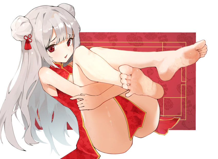 1girl barefoot chinese_clothes double_bun feet grey_hair hair_bun hugging_own_legs kagemoe1003 light_blush long_hair looking_at_viewer original parted_lips red_eyes soles toes